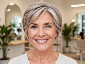 Młoda kobieta nakłada toner na blond włosy pędzelkiem przed lustrem w jasnej, minimalistycznej łazience.