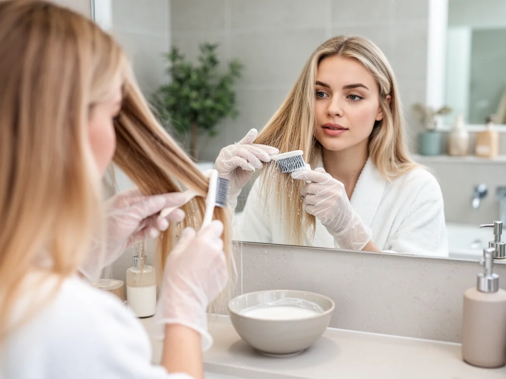 Kobieta w jasnej łazience nakłada pędzelkiem toner na blond włosy, pokazując domową koloryzację i pielęgnację.