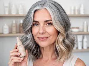 Uśmiechnięta kobieta z krótką fryzurą pixie cut w jasnym, nowoczesnym salonie fryzjerskim, lekko poprawia włosy