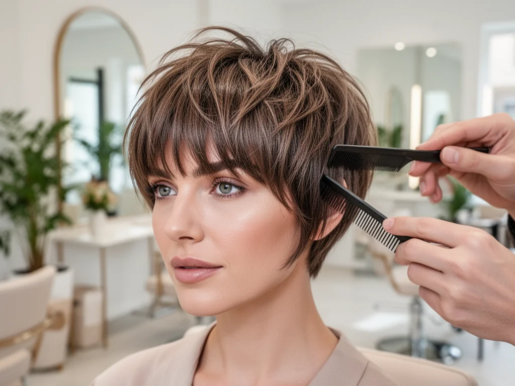 Kobieta z nową fryzurą pixie bob z teksturowaną grzywką, stylistka modeluje włosy w nowoczesnym, jasnym salonie.