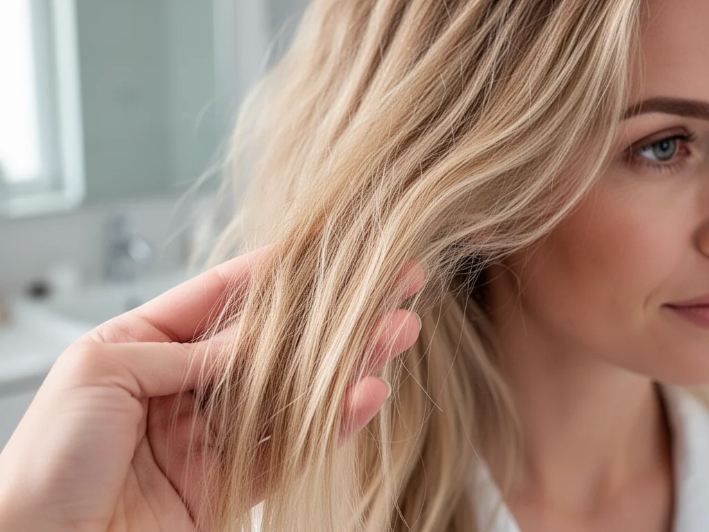 Zbliżenie włosów blond z przesuszonymi, sztywnymi końcówkami i zdrowszymi u nasady, obrazujące przeproteinowanie włosów.