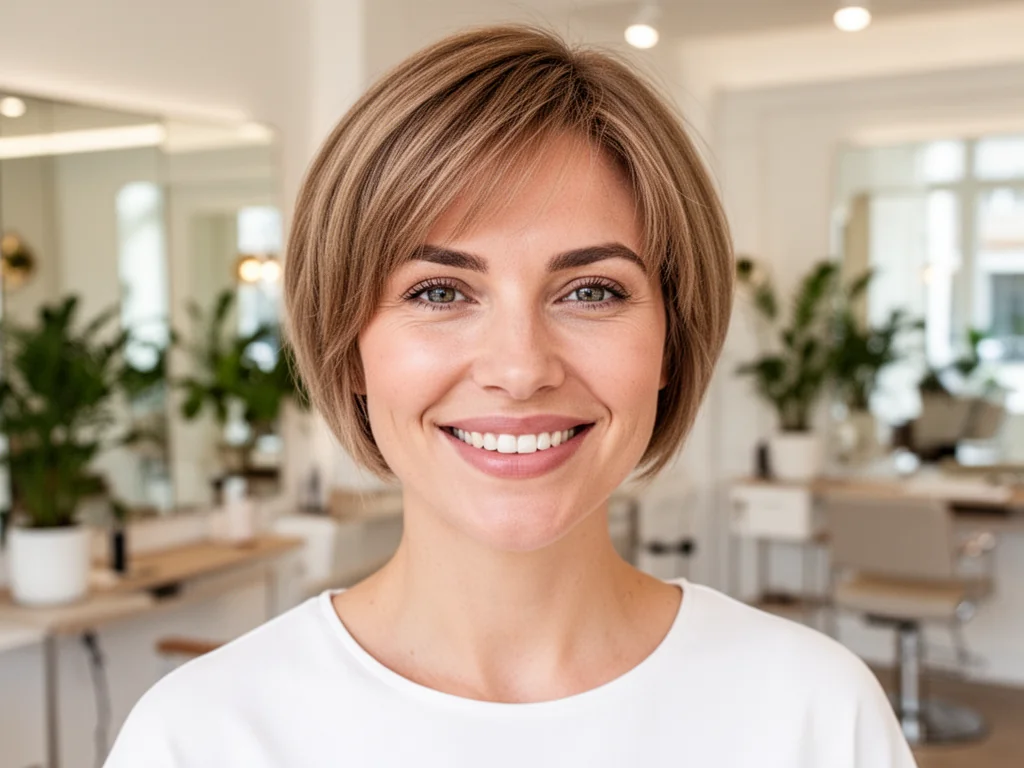 Uśmiechnięta kobieta z nowoczesną krótką fryzurą na cienkich, jasnobrązowych włosach w jasnym, minimalistycznym salonie.