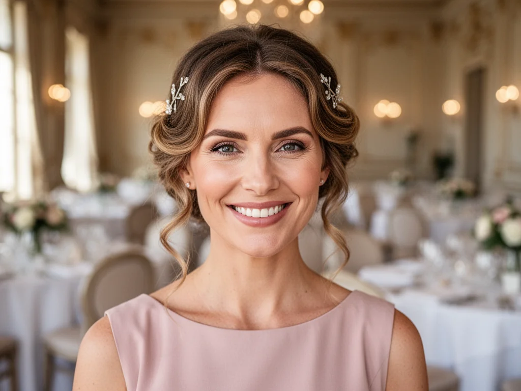 Uśmiechnięta kobieta z eleganckim, falowanym upięciem na wesele, subtelne wsuwki i luźne kosmyki podkreślają romantyczny styl.