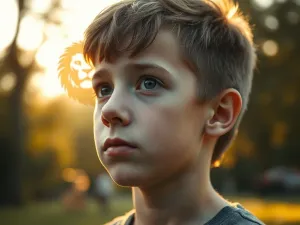 Portret młodej kobiety o łagodnym wyrazie twarzy na tle rozmytego, kwitnącego ogrodu w pastelowych barwach.