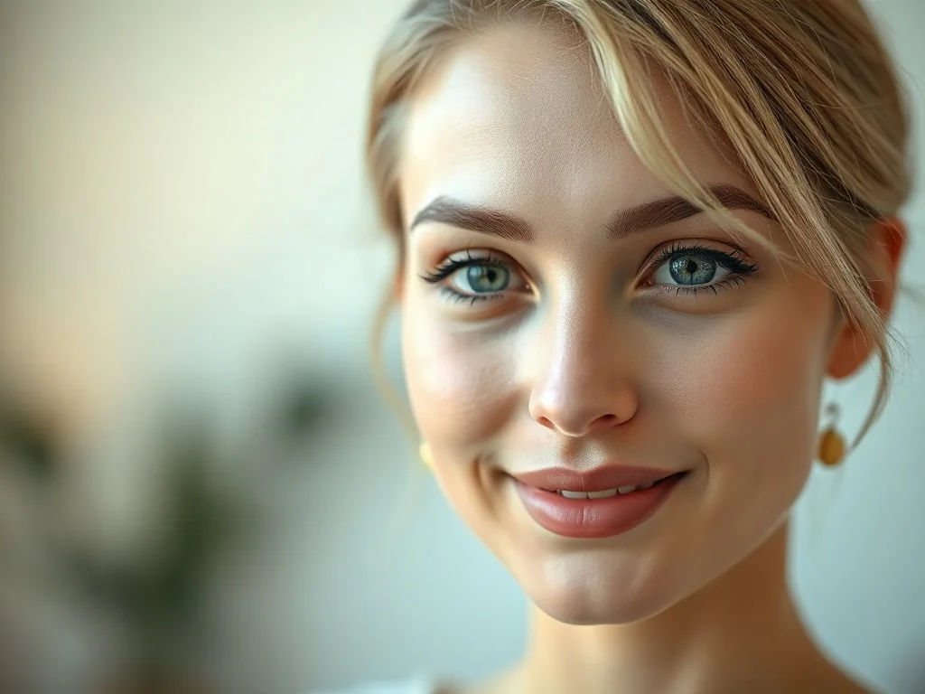 Portret młodej kobiety o delikatnym uśmiechu, symbolizujący elegancję i naturalność imienia Nikola.