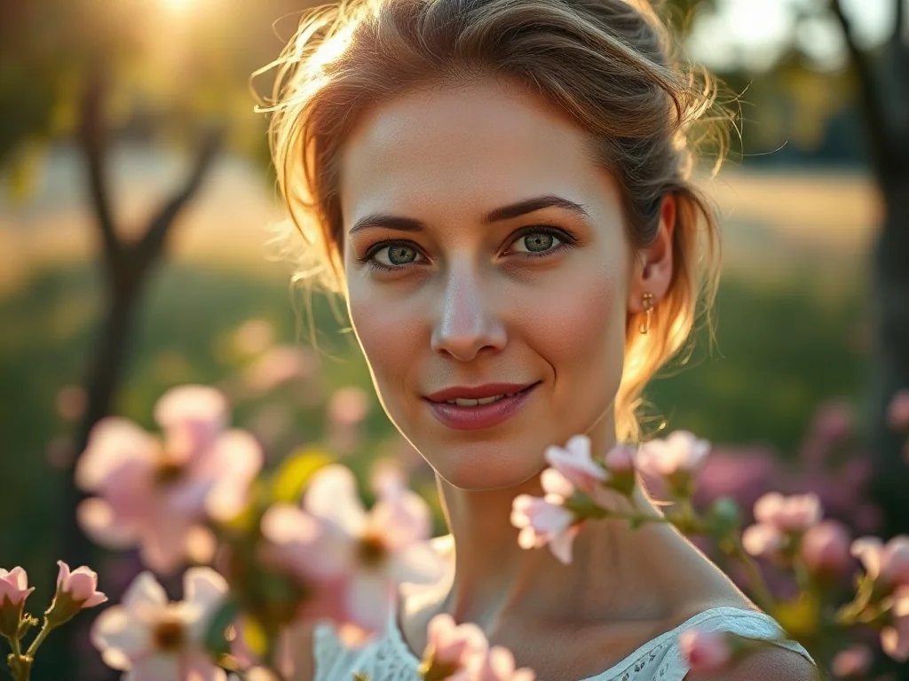 Portret spokojnej kobiety w słonecznym ogrodzie, podkreślający delikatność i naturalne piękno związane z imieniem Pia.