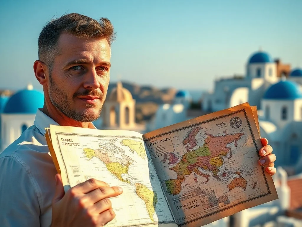 Mężczyzna trzymający mapę na tle charakterystycznej białej zabudowy z niebieskimi kopułami w Grecji.