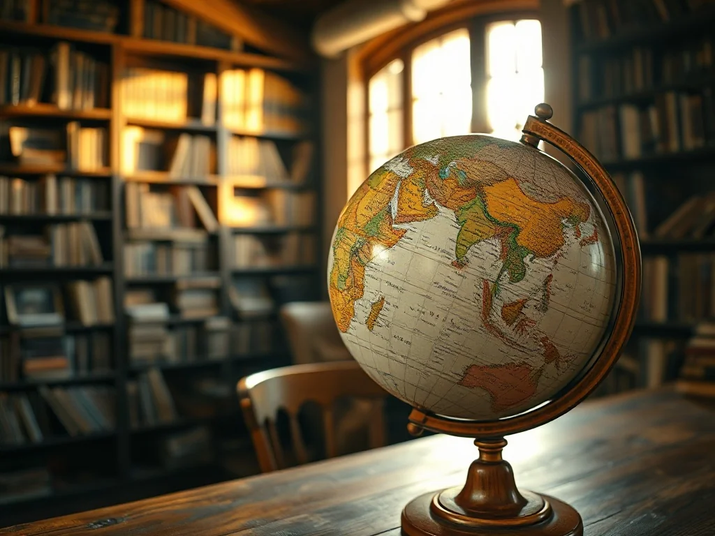 Zabytkowy globus na drewnianym biurku w bibliotece, z widocznymi na mapie państwami Namibia i Norwegia.