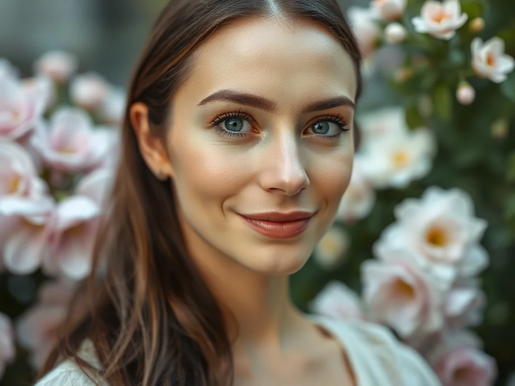 Portret uśmiechniętej kobiety w ogrodzie, symbolizujący łagodność i elegancję kojarzoną z imieniem Rita.