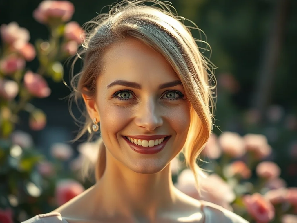 Uśmiechnięta kobieta o delikatnej urodzie na tle kwitnącego ogrodu, symbolizująca elegancję i kobiecość imienia Kornelia.