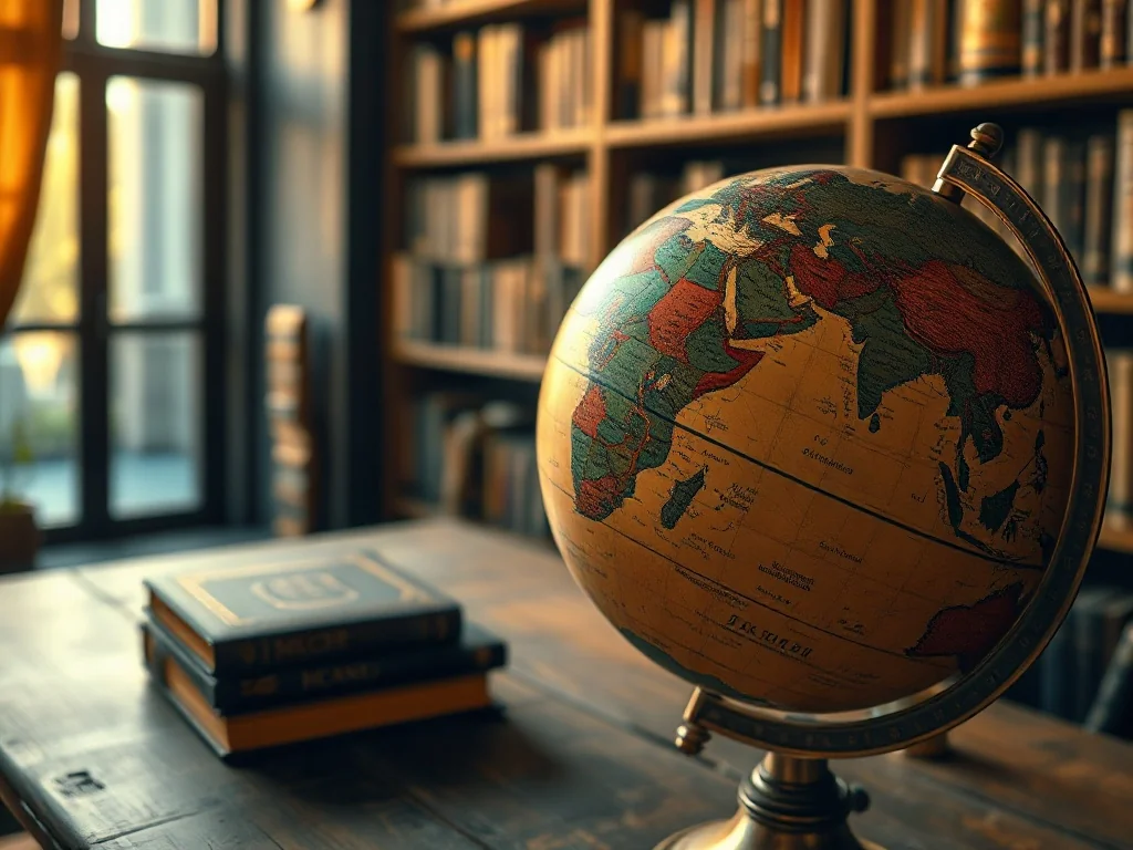 Zabytkowy globus na drewnianym biurku w przytulnej bibliotece, symbolizujący podróże i odkrywanie świata.