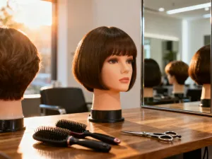 Profesjonalne narzędzia fryzjerskie na marmurowym blacie w minimalistycznym salonie, gotowe do stylizacji włosów.