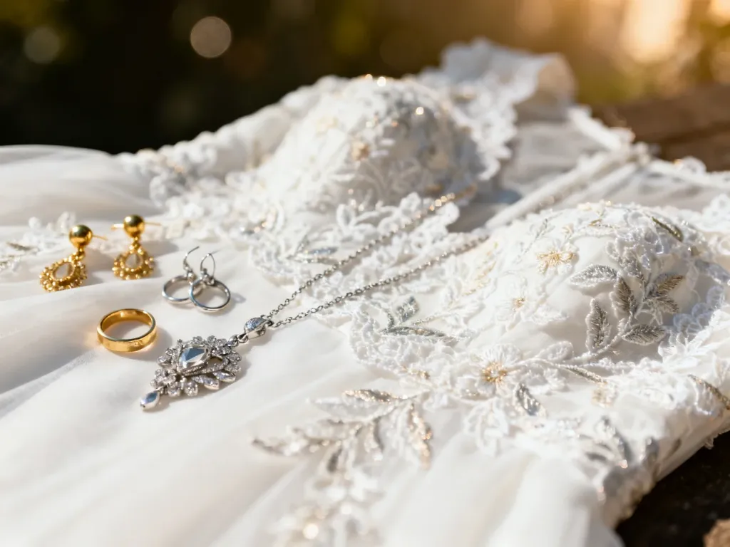 Elegancka biała koronka sukni ślubnej zestawiona z biżuterią w odcieniach złota i srebra.