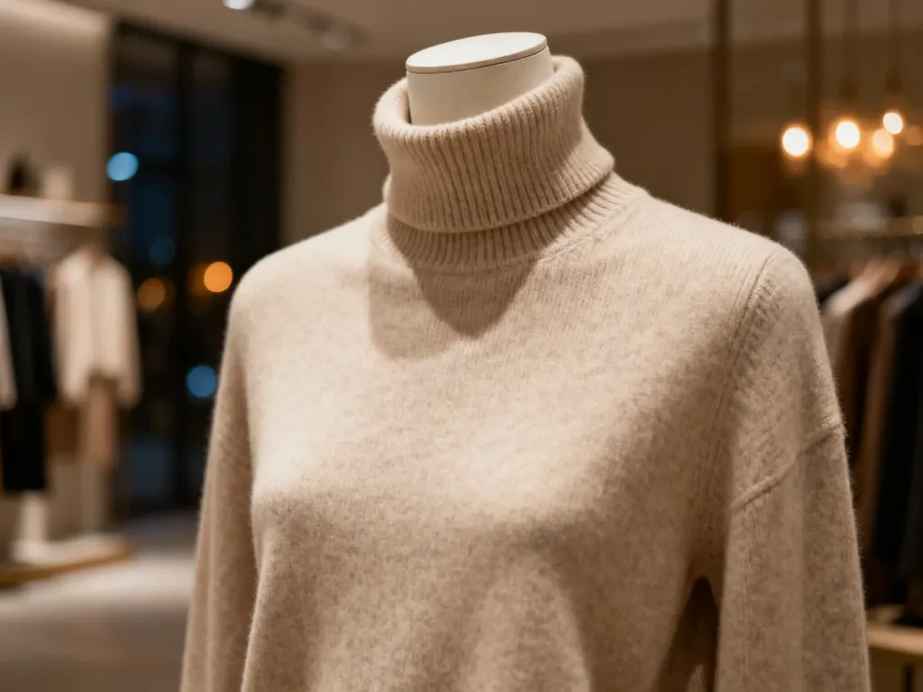 Beżowy sweter z golfem na manekinie w minimalistycznym wnętrzu butiku. Stylowa propozycja odzieży w ciepłym oświetleniu.