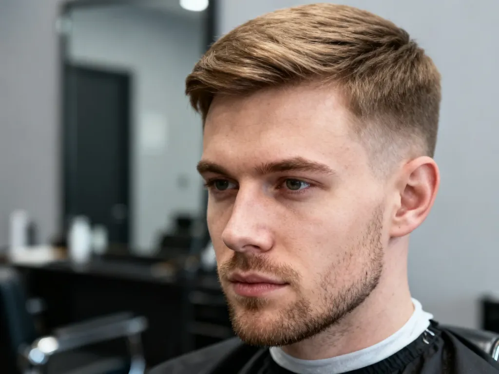 Mężczyzna o kwadratowej twarzy z zadbaną, krótką fryzurą w profesjonalnym salonie fryzjerskim.