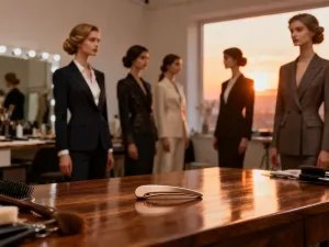 Elegancka granatowa sukienka wieczorowa na aksamitnym krześle w otoczeniu nastrojowego oświetlenia toaletki.