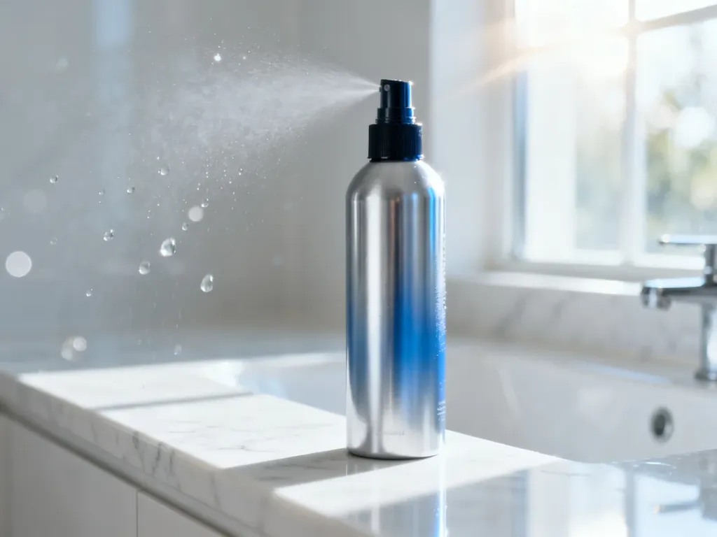 Profesjonalny spray do pielęgnacji włosów na marmurowym blacie w jasnej łazience, podkreślający świeżość i czystość.