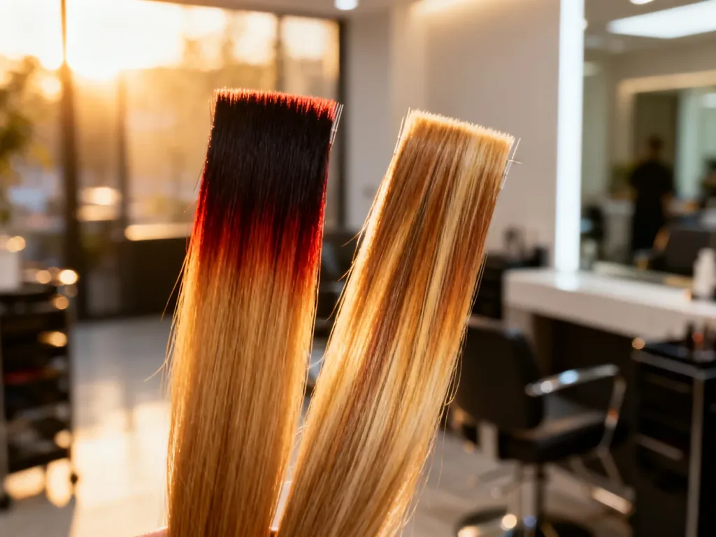 Porównanie pasemek włosów z wyraźnym przejściem ombre oraz subtelnymi refleksami typu balayage w salonie fryzjerskim.