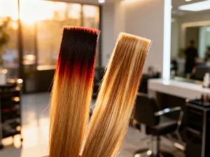 Wzornik kolorów włosów z odcieniami blondu i brązu na marmurowym stole w nowoczesnym salonie fryzjerskim.