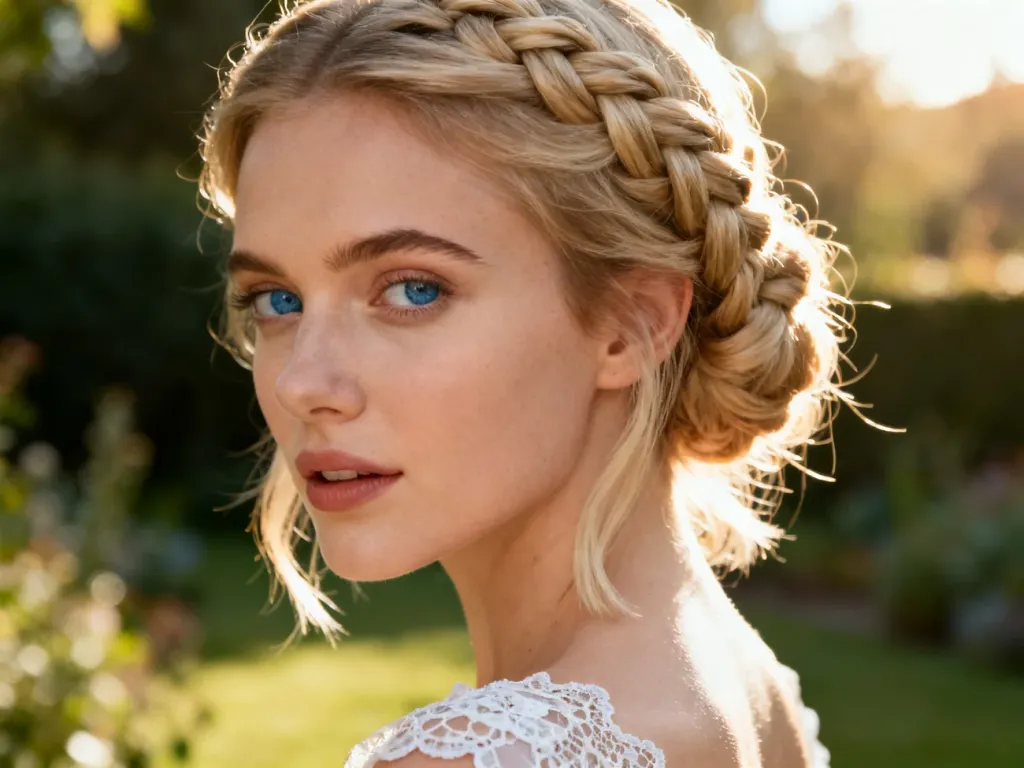 Eleganckie upięcie z warkoczem u blondynki w koronkowej sukience, idealnie pasujące do stylizacji wizytowych.