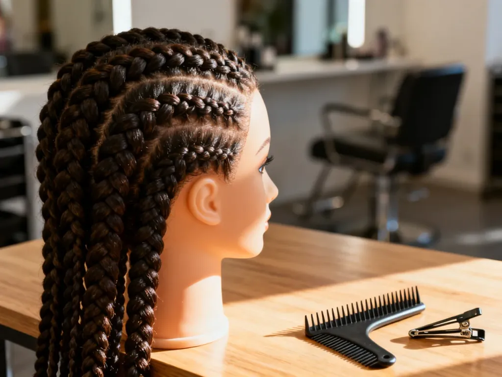 Starannie zaplecione warkoczyki typu box braids na głowie manekina oraz profesjonalne akcesoria fryzjerskie na stole.