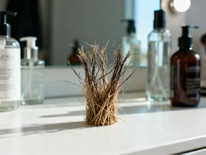 Profesjonalny zestaw do stylizacji włosów na marmurowym blacie, w tle rozmyte wieszaki z modnymi crop topami.