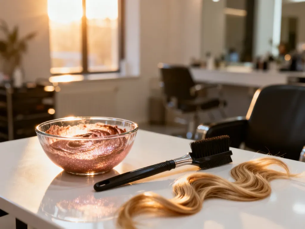 Profesjonalne akcesoria fryzjerskie z miseczką farby w odcieniu rose gold oraz pasmami włosów przygotowanymi do koloryzacji.