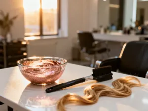 Profesjonalne narzędzia fryzjerskie, takie jak brzytwa i nożyczki, ułożone na drewnianym blacie w salonie barberskim.