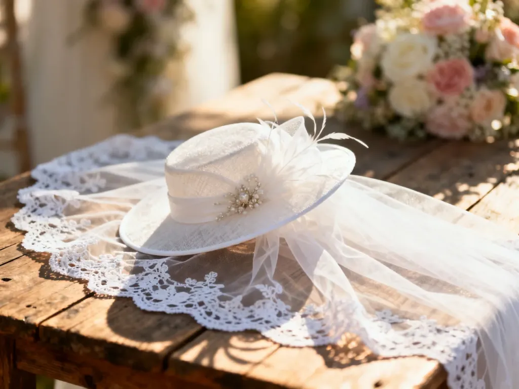 Elegancki toczek ślubny na białym welonie, leżący na drewnianym stole w otoczeniu pastelowych dekoracji kwiatowych.