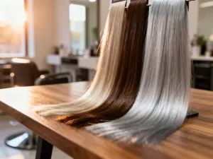 Profesjonalne akcesoria fryzjerskie do koloryzacji włosów przygotowane na marmurowym blacie w nowoczesnym salonie.