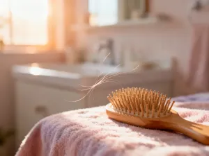 Zbliżenie na pojedynczy, lśniący i zdrowy włos, podkreślające jego objętość oraz naturalną strukturę w świetle poranka.