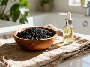 Zdrowe, lśniące włosy obok naturalnego olejku i drewnianej szczotki na marmurowym blacie w jasnej łazience.
