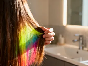 Kobieta z jasnymi włosami w modnej fryzurze typu bob, prezentująca stylizację krótkich włosów w naturalnym świetle.