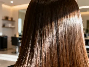 Szklana buteleczka jedwabiu do włosów Biosilk na marmurowym blacie z kroplami serum w jasnej, nowoczesnej łazience.