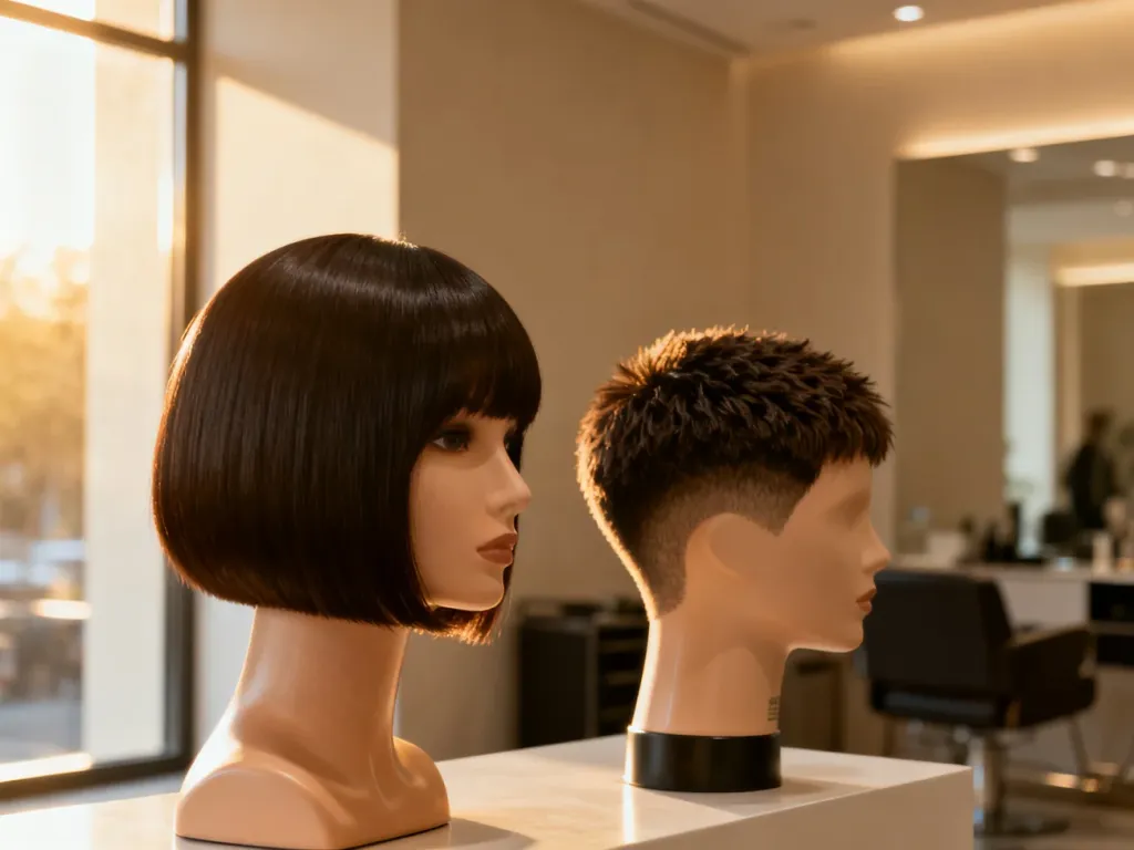 Eleganckie fryzury typu bob i pixie na manekinach w nowoczesnym salonie fryzjerskim.