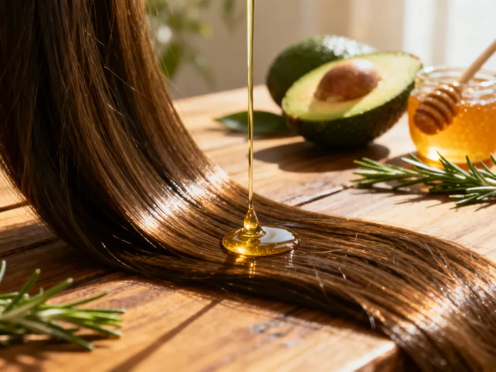 Kropla naturalnego olejku odżywiająca pasmo włosów w otoczeniu organicznych składników, takich jak awokado i miód.