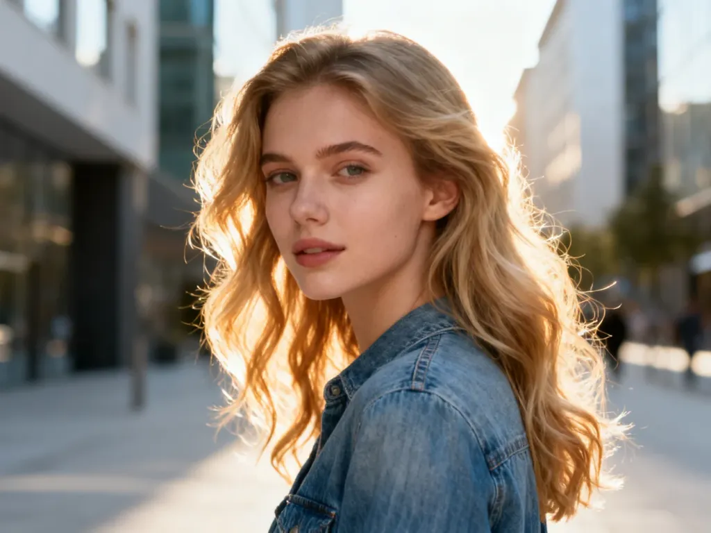 Młoda kobieta z długimi, falowanymi blond włosami w casualowej stylizacji z jeansami w tle miejskiej architektury.