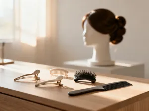 Wzornik kolorów włosów z odcieniami blondu i brązu na marmurowym stole w nowoczesnym salonie fryzjerskim.