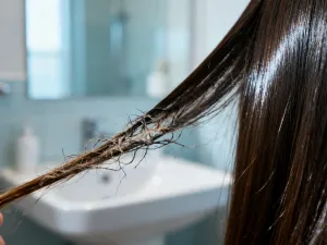 Drewniana miseczka z czarnym sezamem i buteleczka olejku do włosów na lnianym tle. Kompozycja promująca naturalną pielęgnację.