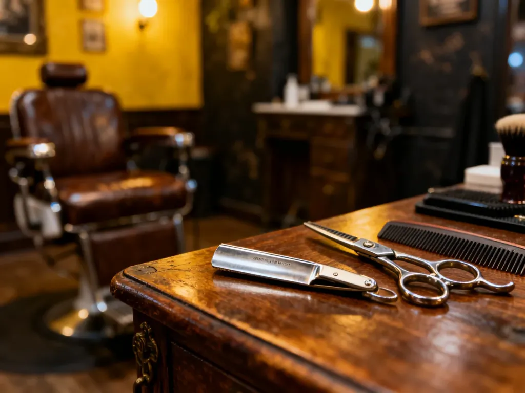 Profesjonalne narzędzia fryzjerskie, takie jak brzytwa, nożyczki i grzebień, ułożone na drewnianym stole w salonie barberskim.