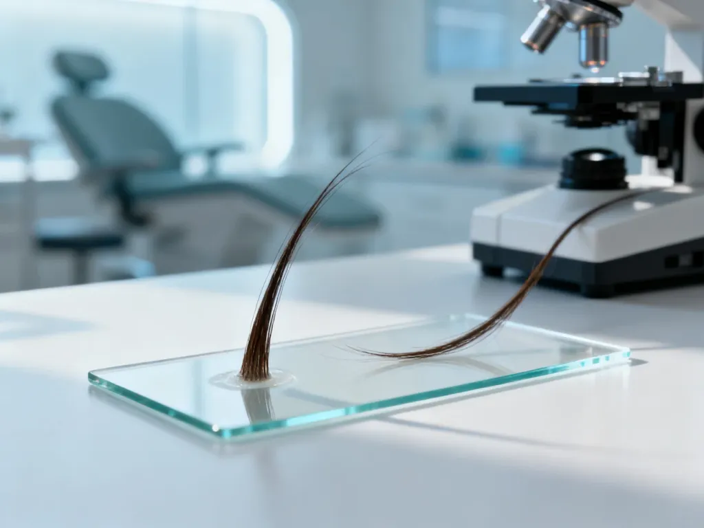 Mikroskopowy widok zdrowego mieszka włosowego i łodygi włosa na szkiełku laboratoryjnym.