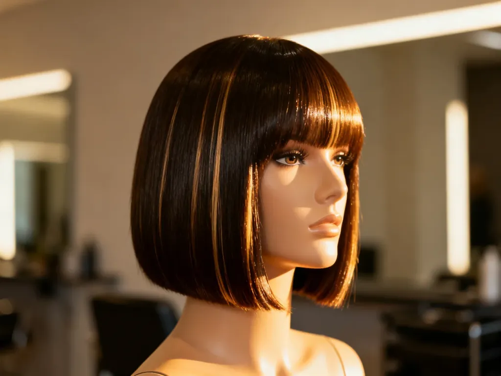 Elegancka, wygładzona fryzura typu bob na manekinie, prezentująca idealne cięcie w profesjonalnym salonie fryzjerskim.