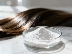 Szklana buteleczka z naturalnym olejkiem do włosów na marmurowym blacie w otoczeniu ziół, podkreślająca pielęgnacyjny rytuał.