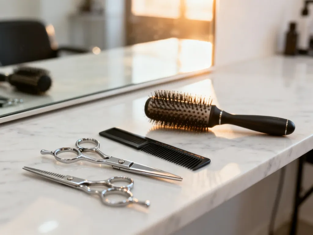 Profesjonalne narzędzia fryzjerskie na marmurowym blacie w minimalistycznym salonie, gotowe do stylizacji włosów.