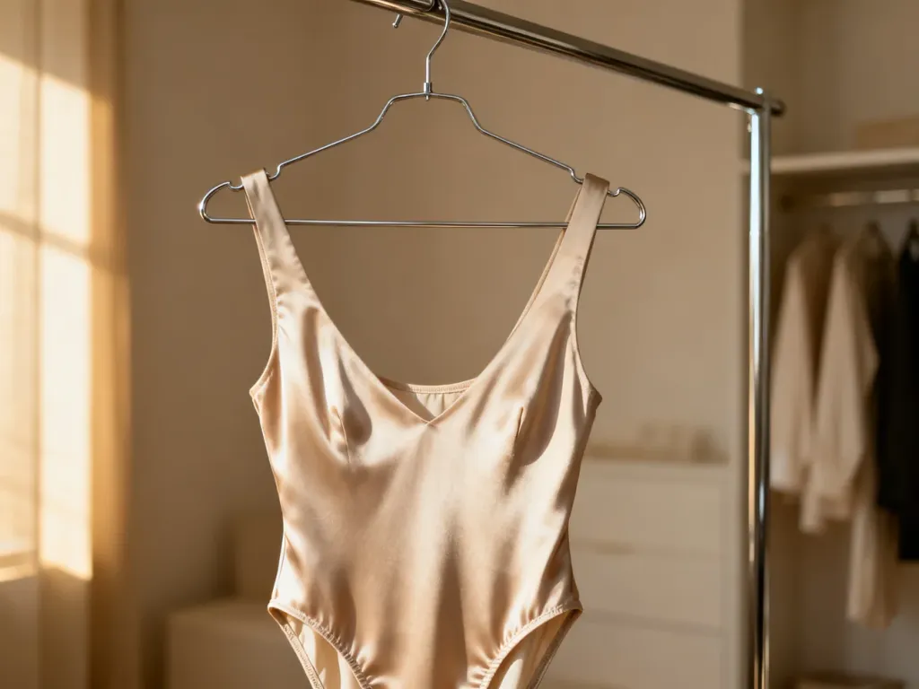 Eleganckie jedwabne body na minimalistycznym wieszaku w jasnej garderobie. Subtelne światło podkreśla fakturę materiału.