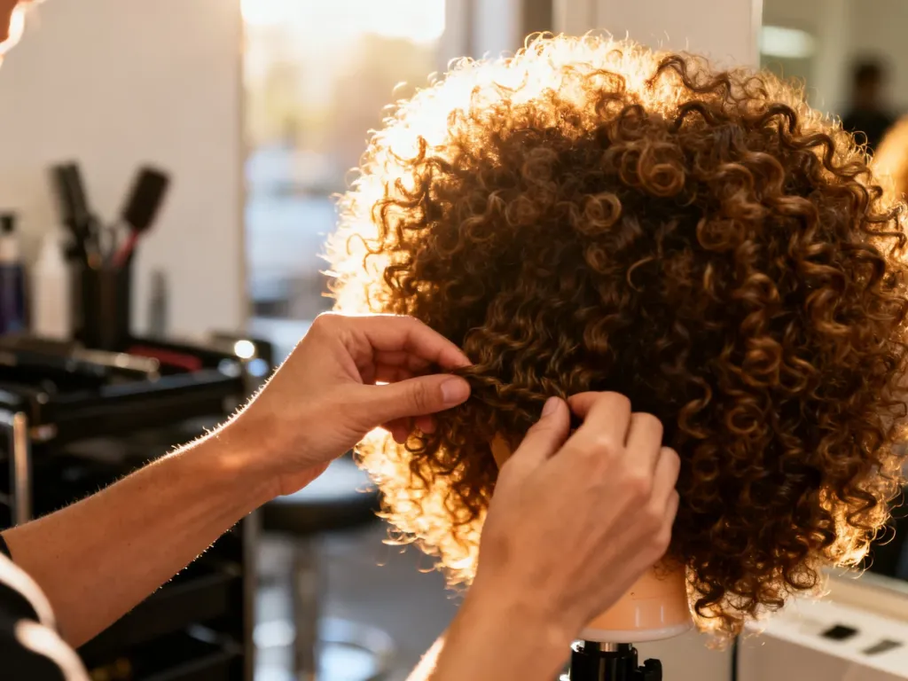 Profesjonalna stylizacja gęstych afro loków na głowie manekina w salonie fryzjerskim.