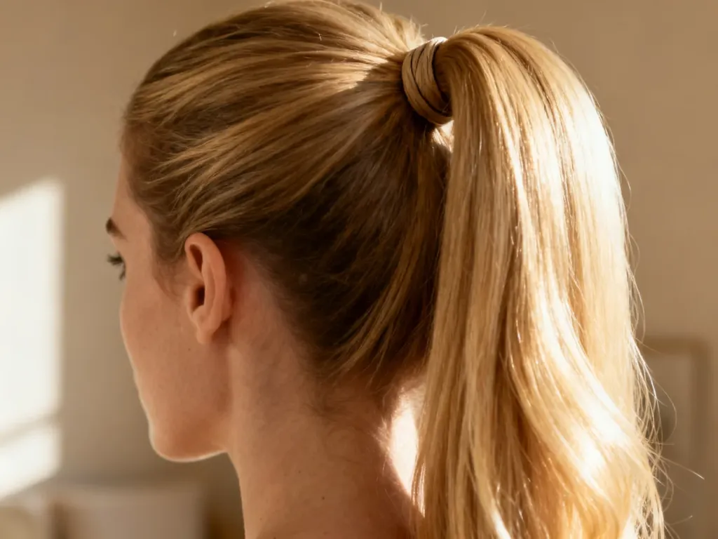 Elegancki, gładko zaczesany wysoki kucyk z lśniących blond włosów, prezentujący efekt idealnego upięcia.