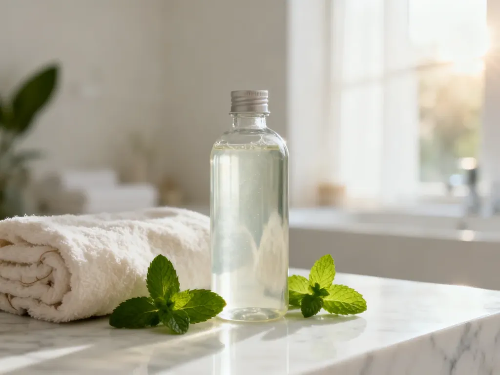 Naturalny szampon w szklanej butelce na marmurowym blacie w otoczeniu świeżej mięty i ręcznika w jasnej łazience.