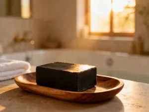 Zdrowe, lśniące włosy obok naturalnego olejku i drewnianej szczotki na marmurowym blacie w jasnej łazience.