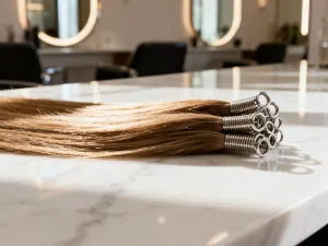 Profesjonalna okrągła szczotka i suszarka na drewnianym stole w nowoczesnym salonie fryzjerskim.